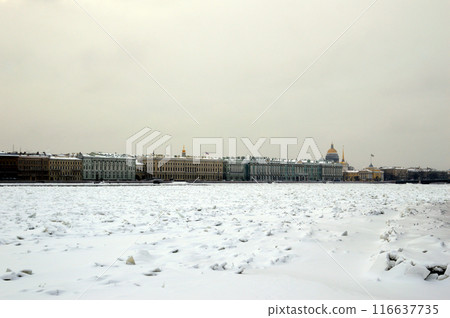 Palace Embankment and frozen Neva River, St. Petersburg. Palace Embankment and frozen Neva River, St. Petersburg. 116637735