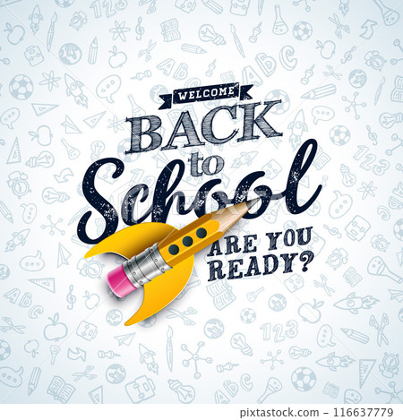 Back to School Design with Flying Rocket Pencil and Typography Lettering on Checkered Paper Background. Vector School Education Illustration with Hand Drawn Doodles for Greeting Card, Banner, Flyer Back to School Design with Flying Rocket Pencil and Typography Lettering on Checkered Paper Background. Vector School Education Illustration with Hand Drawn Doodles for Greeting Card, Banner, Flyer 116637779
