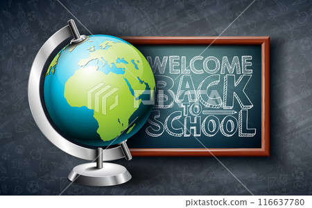 Back to School Design with Earth Globe and Typography Lettering on Black Chalkboard Background. Vector School Education Illustration for Greeting Card, Banner, Flyer, Invitation, Brochure or 116637780