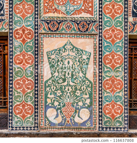 Detailed floral design on Shaki Khan's Palace exterior wall in Azerbaijan 116637808