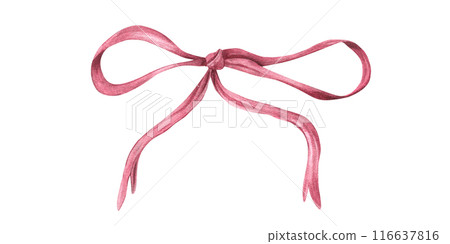 Dusty pink satin bow. Decorative ribbon. Watercolor illustration. Hair braiding or gift accessory. Design element for flower bouquets, cards, congratulations. Birthday, Valentine day, Christmas 116637816