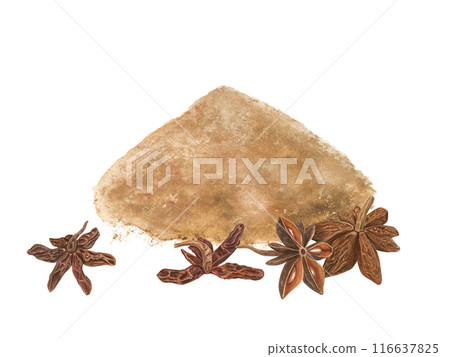 Star Anise seed and powder heap. Spicy aromatic Badian. Watercolor culinary illustration of exotic condiment. Seasoning for decoration of menu, spice stores, Christmas and New Year drinks 116637825
