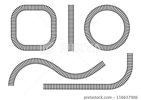 Set of railroad segments. Rail road elements top aerial view. Train track straight and waved lines, circle and square frames. Fence or stairs texture. Vector graphic illustration Set of railroad segments. Rail road elements top aerial view. Train track straight and waved lines, circle and square frames. Fence or stairs texture. Vector graphic illustration 116637986