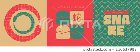 Set of 2025 New Year greeting Posters Covers simple designs. Collection of festive Chinese banners with Zodiac snakes and traditional Asian ornament. Translation - Happy new year, snake. Vector 116637992