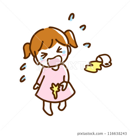 Illustration of a crying girl who spilled a drink and got stained clothes 116638243