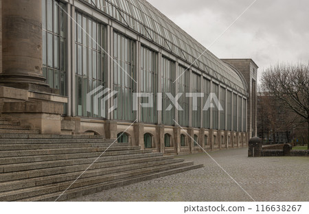 Perspective view of Bayerische Staatskanzlei is a government building with glass, Column and stone stairs. Bavarian State Chancellery building. 116638267