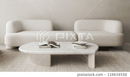 Boho beige livingroom with sofa and books background. Light modern japanese nature view background. 3d rendering. High quality 3d illustration Boho beige livingroom with sofa and books background. Light modern japanese nature view background. 3d rendering. High quality 3d illustration 116638588