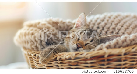 Tabby cat sleeps in a wicker basket 116638706