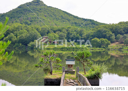 有馬富士和漂浮在福島禦池上的神社以及通往它的木橋 116638715