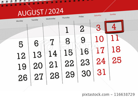 Calendar 2024, deadline, day, month, page, organizer, date, August, sunday, number 4 Calendar 2024, deadline, day, month, page, organizer, date, August, sunday, number 4 116638729