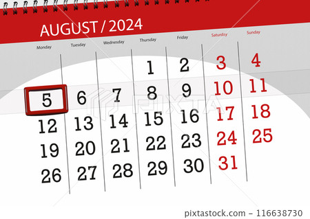 Calendar 2024, deadline, day, month, page, organizer, date, August, monday, number 5 116638730