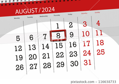 Calendar 2024, deadline, day, month, page, organizer, date, August, thursday, number 8 Calendar 2024, deadline, day, month, page, organizer, date, August, thursday, number 8 116638733