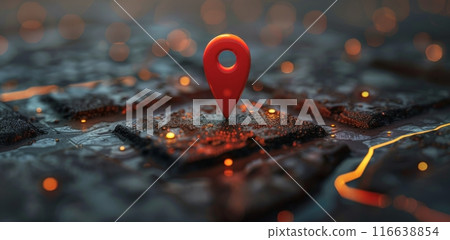 Red Location Pin on Dark Textured Surface With Glowing Lights 116638854