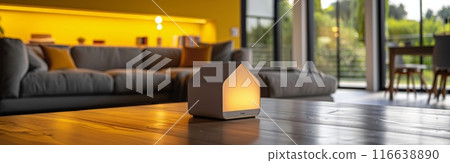 Modern House Shaped Lamp on Coffee Table in Living Room 116638890