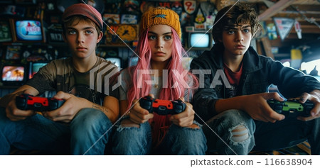 Three Teenagers Playing Video Games in a Cozy Living Room 116638904