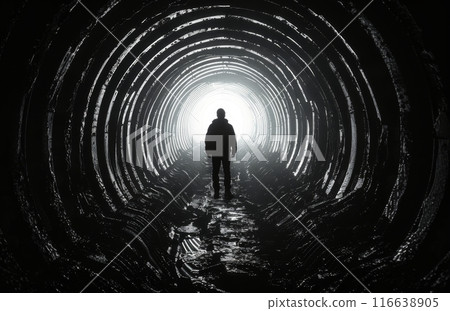 Silhouette of a Person Standing in a Dark Tunnel With Light at the End 116638905