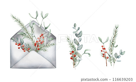 Watercolor set of open vintage envelope and Christmas tree branch isolated on a white background. Hand drawn watercolor illustrations red berry ilex or holy. New year message of envelope gray color. Watercolor set of open vintage envelope and Christmas tree branch isolated on a white background. Hand drawn watercolor illustrations red berry ilex or holy. New year message of envelope gray color. 116639203