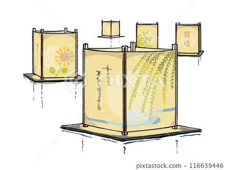 Five dimly lit floating lanterns in woodblock print style 116639446