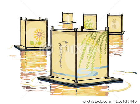 Five floating lanterns reflecting their light on the water surface - woodblock print style 116639449