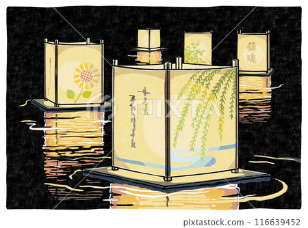 五盞漂浮的燈籠在深色背景下，在水面上反射著光芒。印刷風格 116639452