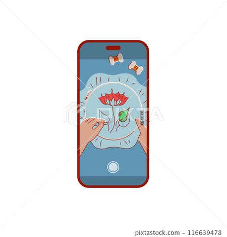 Smartphone with recording of embroidery process on screen 116639478