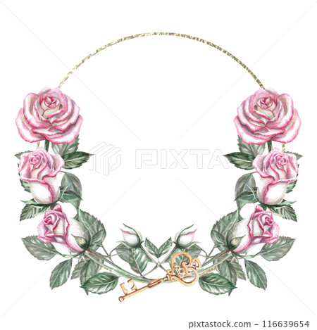Round frame of roses and key in watercolor illustration. Hand drawn watercolor drawing for cards, wedding invitations, congratulations, gifts, memorable dates. Composition isolated from background Round frame of roses and key in watercolor illustration. Hand drawn watercolor drawing for cards, wedding invitations, congratulations, gifts, memorable dates. Composition isolated from background 116639654