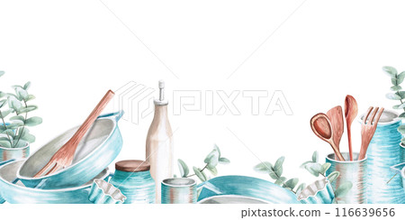 Seamless border of dishes in watercolor illustration. Hand drawn watercolor drawing for menus, cookbooks, gastronomic magazines, master classes, websites. Composition isolated from background. Seamless border of dishes in watercolor illustration. Hand drawn watercolor drawing for menus, cookbooks, gastronomic magazines, master classes, websites. Composition isolated from background. 116639656