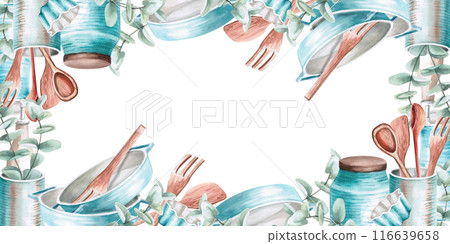 Rectangular frame made of dishes in watercolor illustration. Hand drawn watercolor drawing for menus, cookbooks, gastronomic magazines, master classes, web sites. Composition isolated from background 116639658
