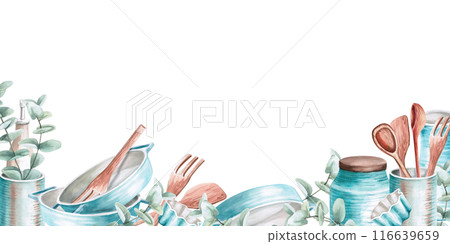 Set of ceramic dishes in watercolor illustration. Hand drawn watercolor drawing for menus, cookbooks, gastronomic magazines, master classes, web sites. Composition isolated from background 116639659