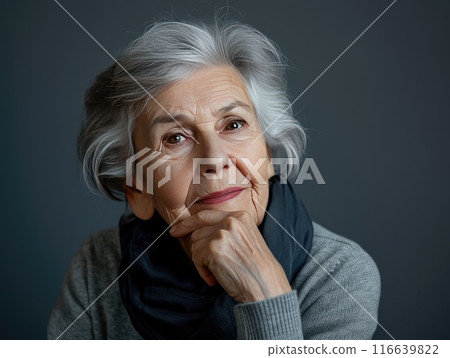 Portrait of an elderly woman on a gray background. AI-generated content 116639822