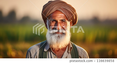 Elderly Indian farmer with turban and beard in wheat field at sunset, portrait of rural life and wisdom 116639858