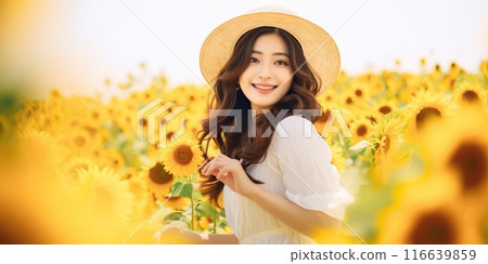 Smiling woman in sunflower field wearing sun hat, enjoying summer nature beauty and warmth. Concept of happiness, joy, freedom, and countryside lifestyle 116639859