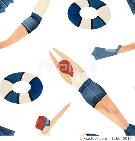 Seamless pattern with floating men in vintage style. Swimming. Watercolor illustration on white background 116640015