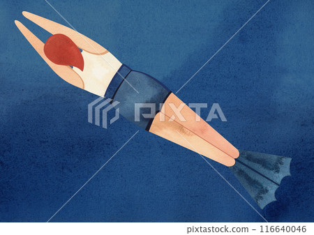 A man swims underwater. Watercolor illustration. Template for a postcard or poster in A3 size for the design of a swimming pool, resort, sporting event. A man swims underwater. Watercolor illustration. Template for a postcard or poster in A3 size for the design of a swimming pool, resort, sporting event. 116640046