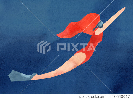 A woman swims underwater in fins and a mask. Watercolor illustration. Template for a postcard or poster in A3 format for the design of a swimming pool, resort, sports competition. A woman swims underwater in fins and a mask. Watercolor illustration. Template for a postcard or poster in A3 format for the design of a swimming pool, resort, sports competition. 116640047