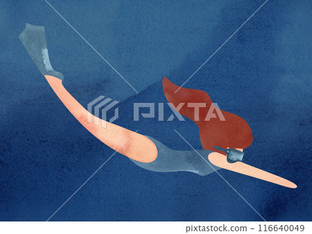 A woman swims underwater in fins and a mask. Watercolor illustration. Template for a postcard or poster in A3 format for the design of a swimming pool, resort, sports competition. A woman swims underwater in fins and a mask. Watercolor illustration. Template for a postcard or poster in A3 format for the design of a swimming pool, resort, sports competition. 116640049