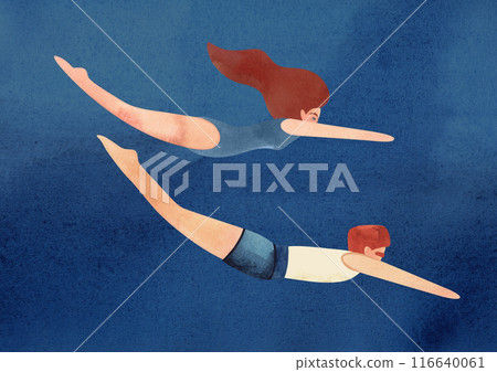 A man and woman swim underwater. Watercolor illustration. Template for a postcard or poster in A3 size for the design of a swimming pool, resort, sporting event. 116640061