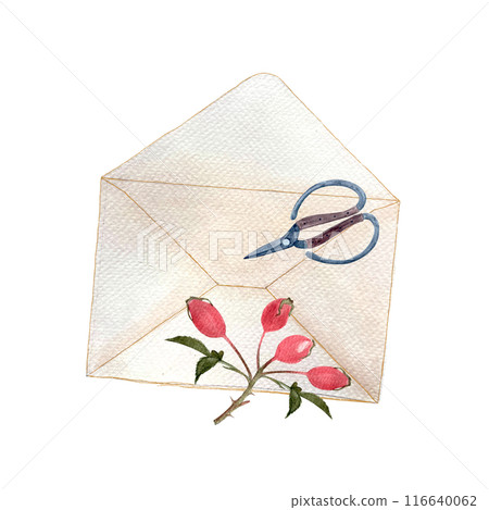 Rose-hip sprig and envelope, scissors composition watercolor isolated on white. Hand painted high quality art in great for romantic designs stickers, notebooks decor, packages, herbal production Rose-hip sprig and envelope, scissors composition watercolor isolated on white. Hand painted high quality art in great for romantic designs stickers, notebooks decor, packages, herbal production 116640062