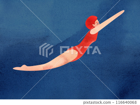 A woman swims underwater. Watercolor illustration. Template for a postcard or poster in A3 size for the design of a swimming pool, resort, sporting event. 116640068
