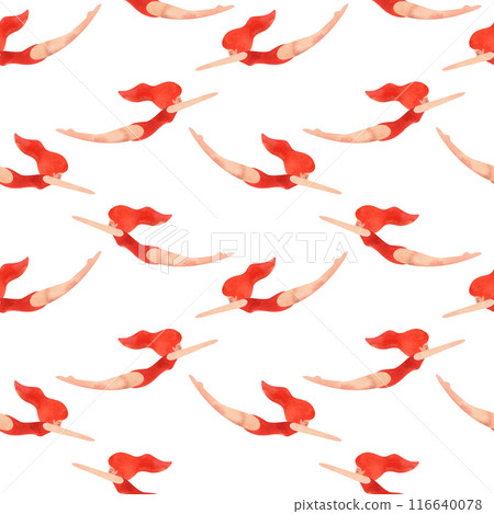Red-haired woman in a red swimsuit swims. Seamless watercolor pattern, hand drawn. Vintage style. White background. 116640078