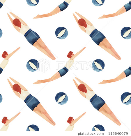 An athlete - a man in a white T-shirt and blue swimming trunks swims surrounded by inflatable striped beach balls. Vintage style. Seamless watercolor pattern, hand drawn. White background. 116640079