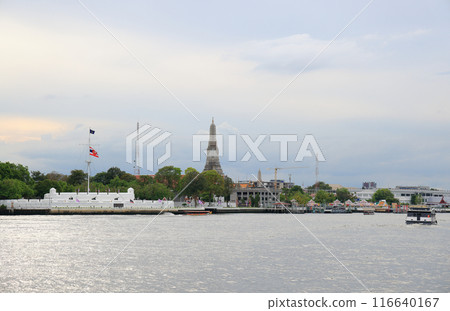 Panorama View of The Wat Arun or The Temple of Dawn, the Iconic Landmark of Bangkok on Chao Phraya River Bank, Thailand. Panorama View of The Wat Arun or The Temple of Dawn, the Iconic Landmark of Bangkok on Chao Phraya River Bank, Thailand. 116640167