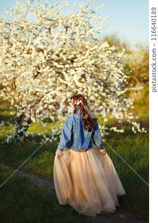 Portrait of a beautiful bride. Wedding concept. Stylish wedding. Great sunset light. Spring garden. Portrait of a beautiful bride. Wedding concept. Stylish wedding. Great sunset light. Spring garden. 116640189