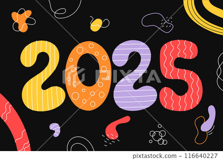 2025 New Year fun design. Creative hand drawn numbers 2025 colorful on black background. Abstract shapes, doodles, digits and decorative elements in trendy colors. Vector illustration 116640227