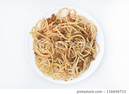 Italian pasta with meat on a white plate. Noodles with meat. Italian pasta with meat on a white plate. Noodles with meat. 116640753