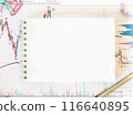 Template. Top view of notebook on background with charts and pencils. Trademark word. Business Concept. Bright picture 116640895