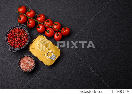 Metal can with canned meat or fish with a key to open it Metal can with canned meat or fish with a key to open it 116640959