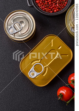 Metal can with canned meat or fish with a key to open it Metal can with canned meat or fish with a key to open it 116640966
