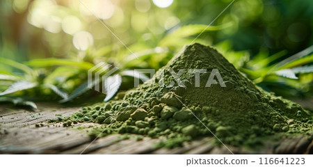 Close Up of Green Hemp Powder on Wooden Surface With Leaves in Background 116641223