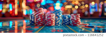 Red And Blue Casino Chips Stacked On Table In A Gambling Venue 116641252